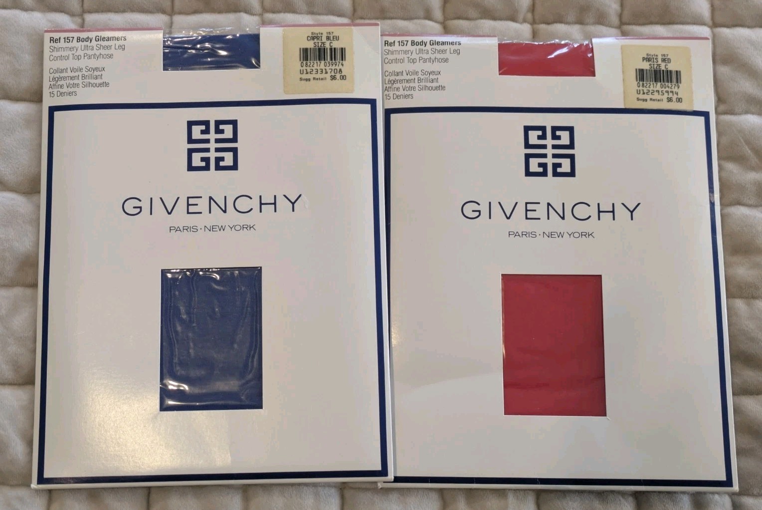 2 Vtg Givenchy Body Gleamers Control Top Pantyhose Sz C Capri Bleu & Paris Red