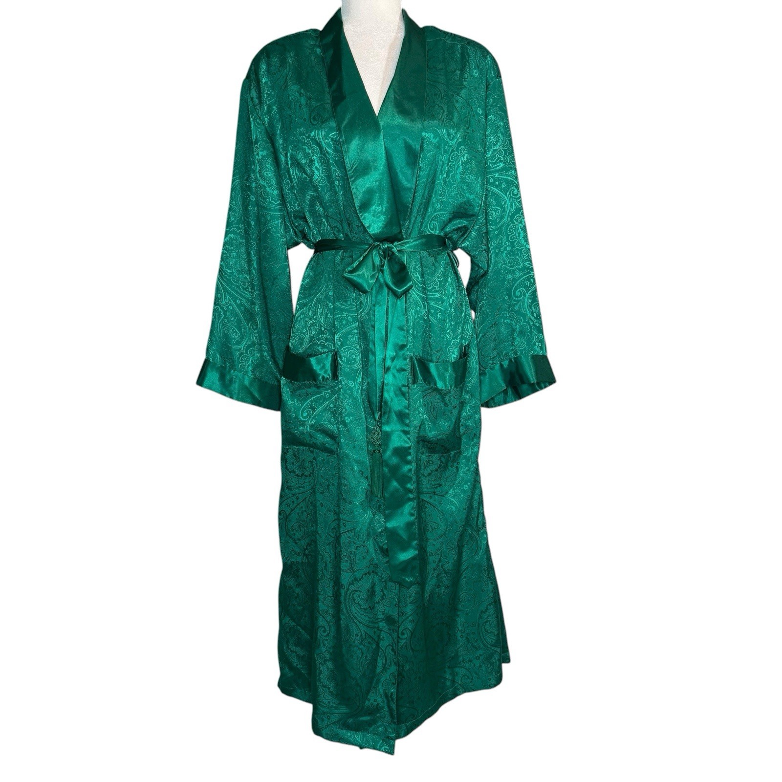 Vintage 80s Victorias Secret Robe L Gold Label Satin Long Emerald Jacquard Korea