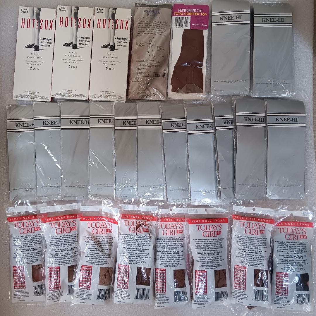 Lot of 45 VTG Knee Highs Blk, Bge Assorted Brands Plus & 9-11 Sz – 80s 90s -NOS!