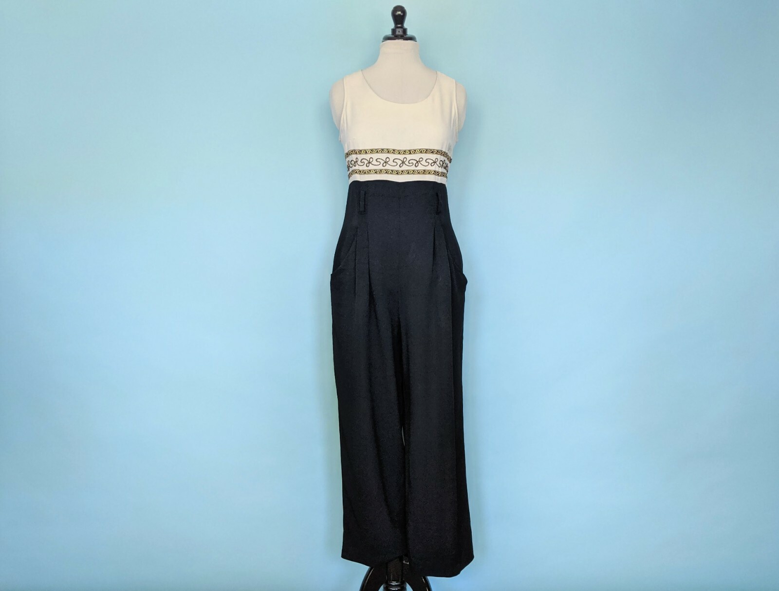 Vintage 60s Two Toned Embroidered Jumpsuit, 1960s Wide Leg Rayon Jumpsuit