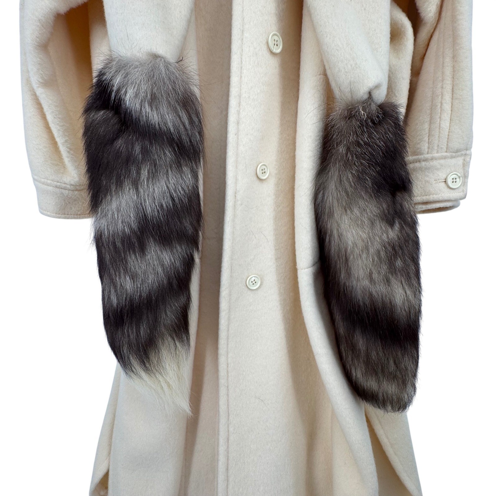 Capri Petites Vintage Pure Wool Long Coat Ivory with Real Fur Scarf Accent S