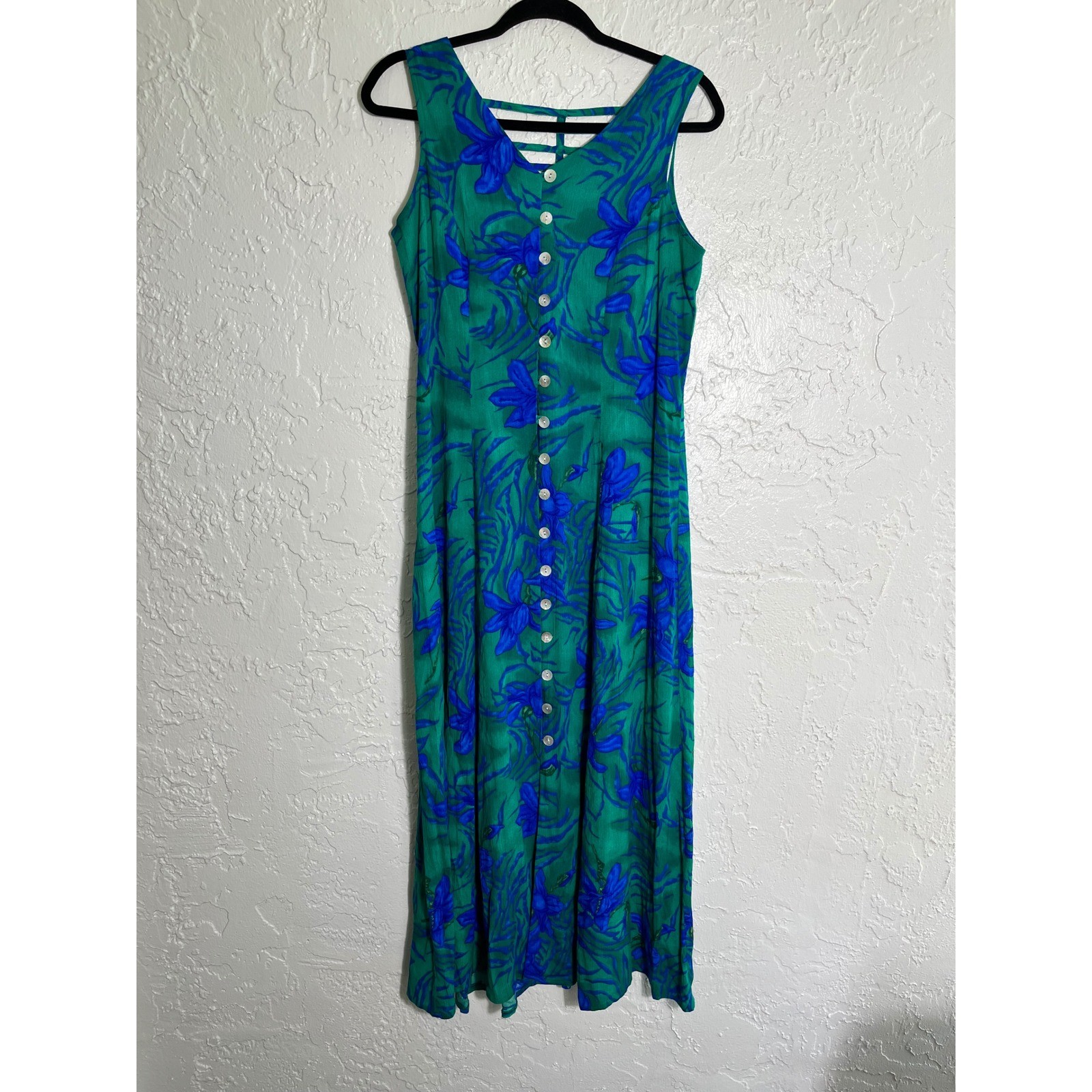 Vintage Dressbarn Green Blue Floral Button Front Midi Dress Caged Back Size 6