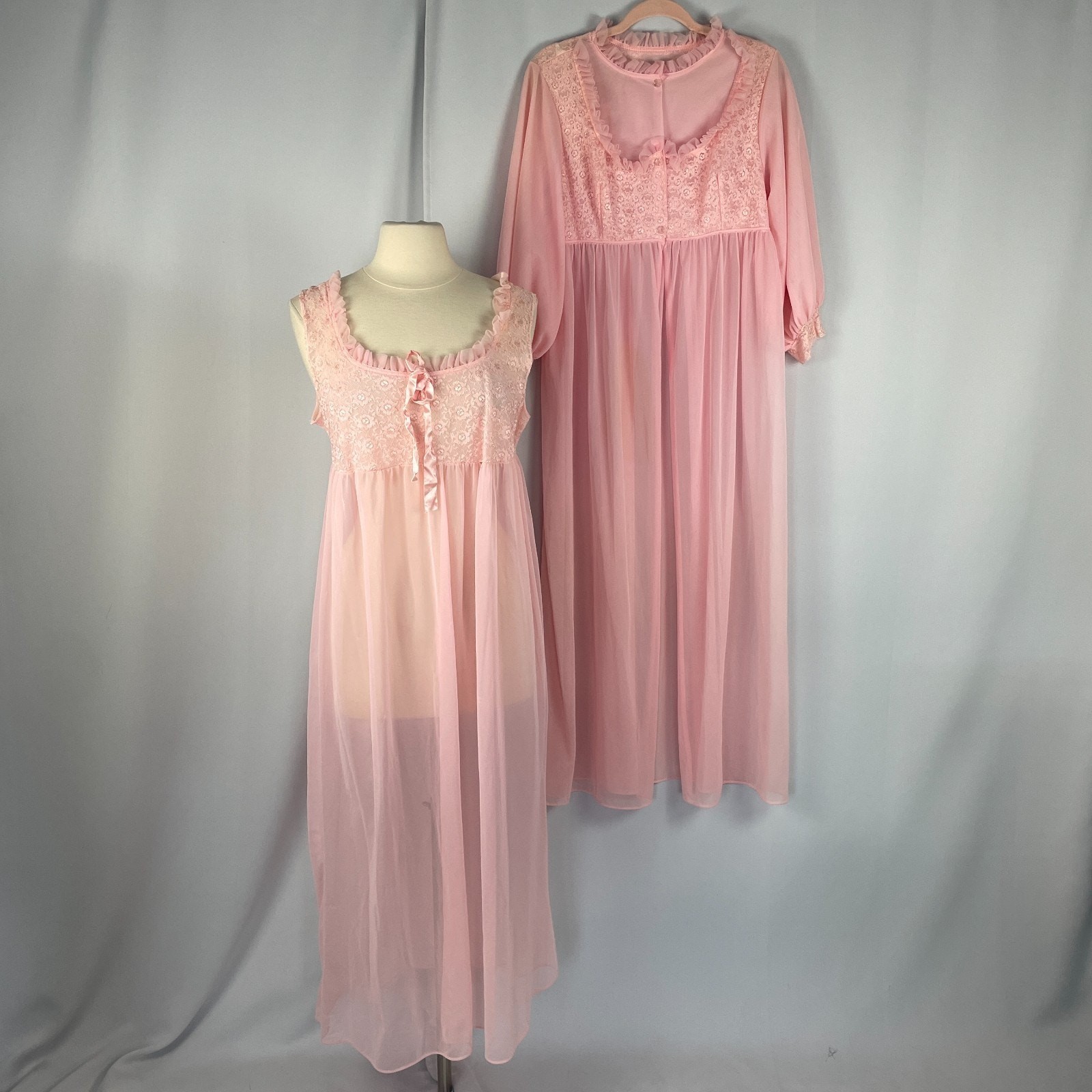 Vintage 70s Peignoir Set Large Pink Sheer Chiffon Lace Lingerie Babydoll 2 Piece