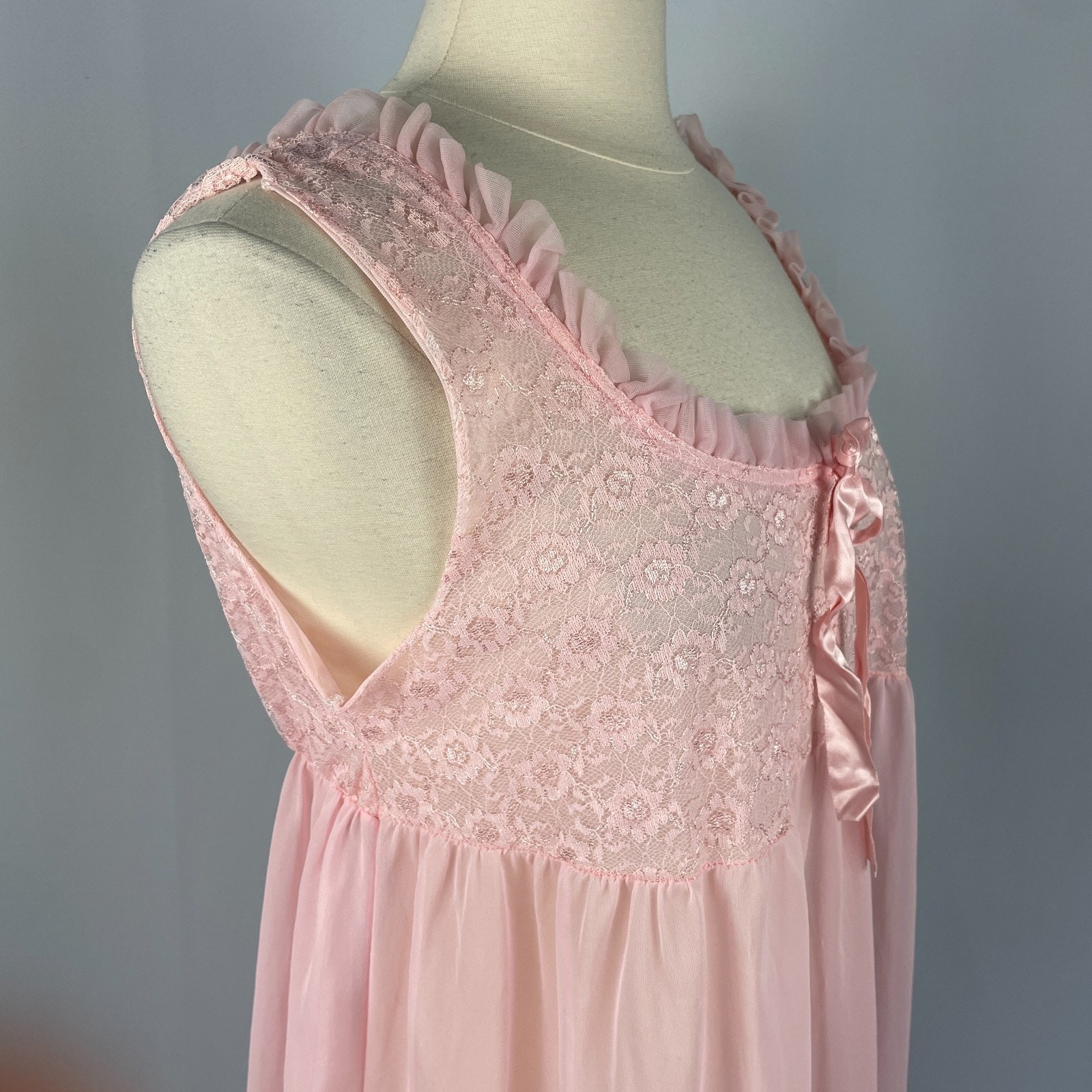 Vintage 70s Peignoir Set Large Pink Sheer Chiffon Lace Lingerie Babydoll 2 Piece