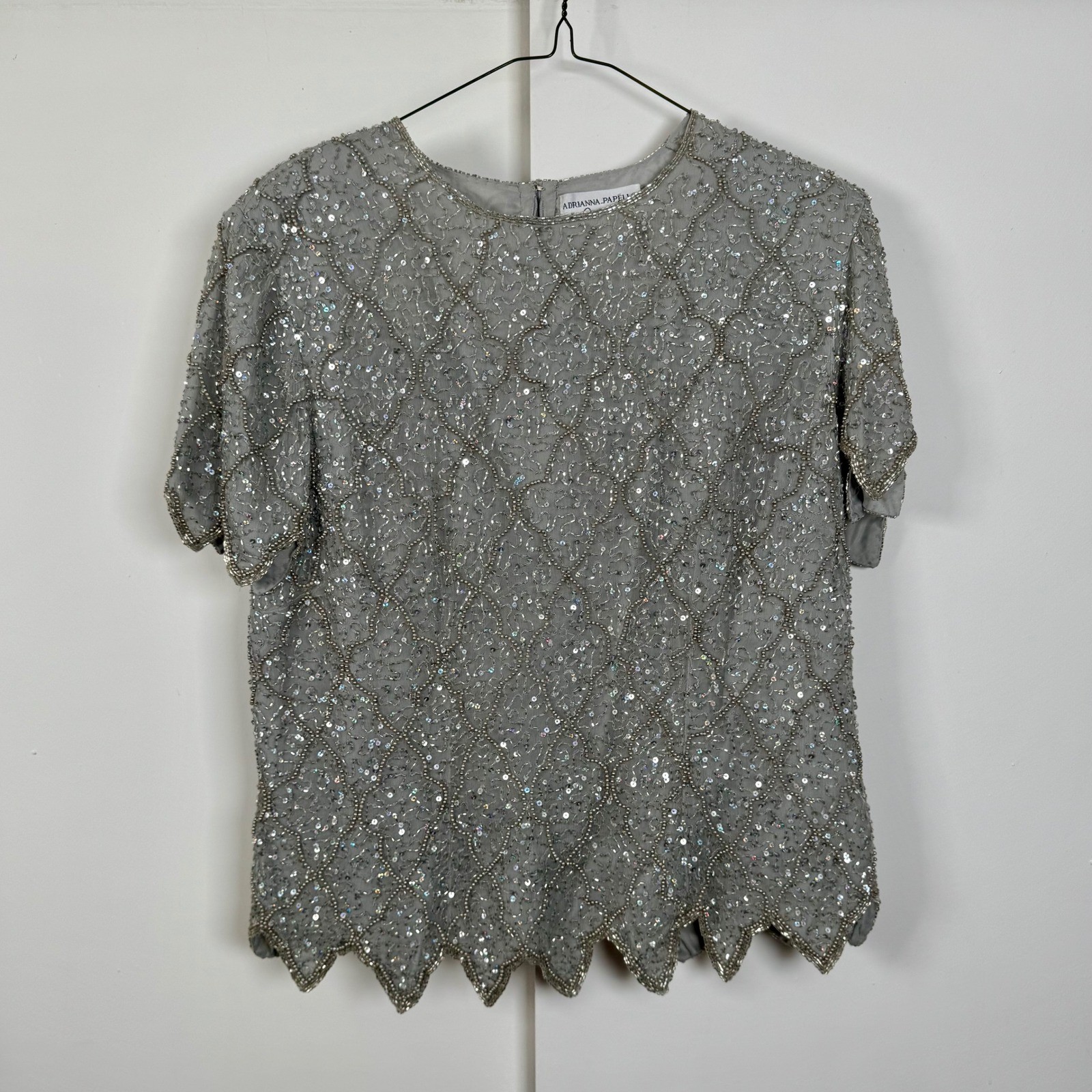 Adrianna Papell Occasions Vintage Silk Beaded Sequin Blouse Grey Silver 16W