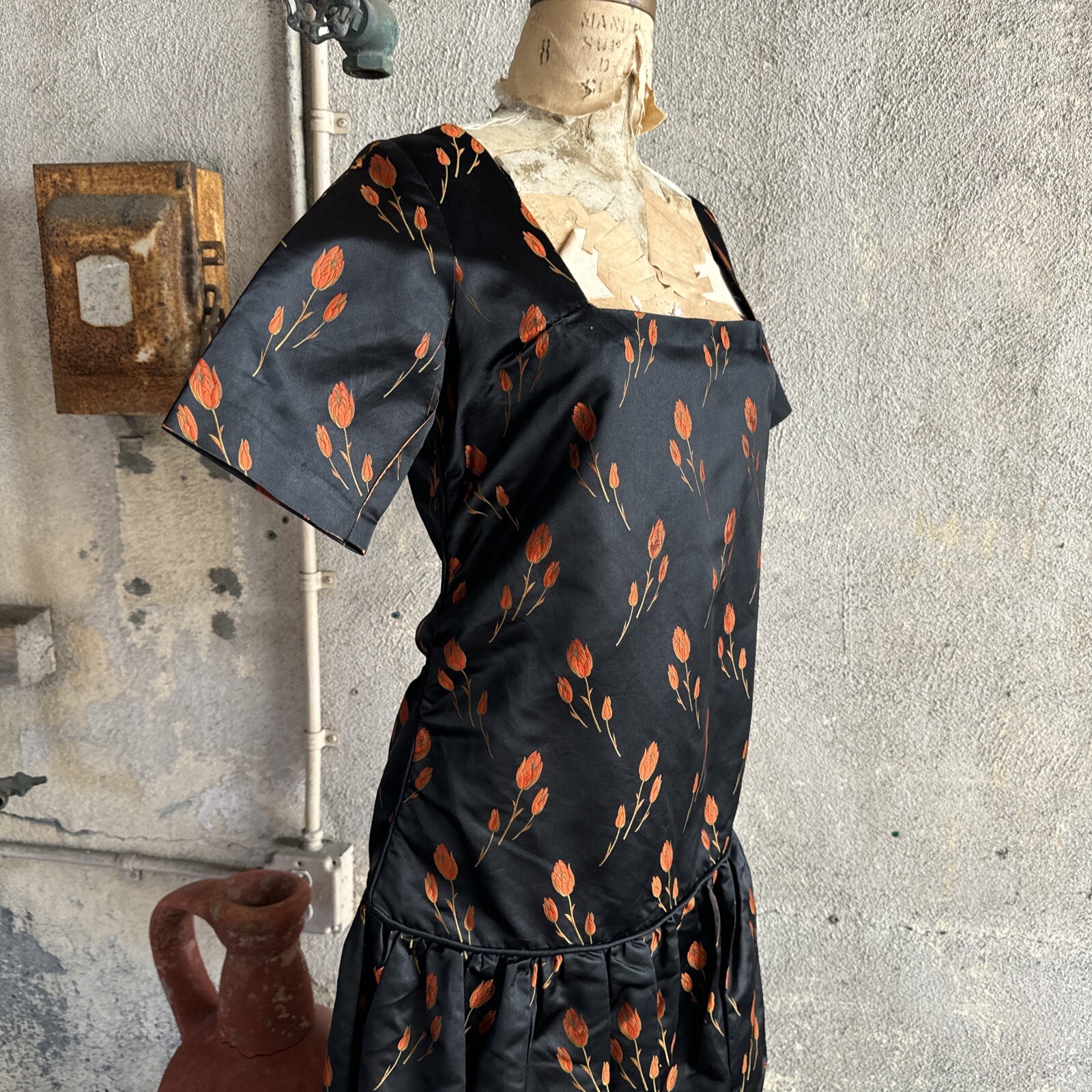 Antique 1920s Orange Tulip Silk Brocade Dress 1890s Fabric Full Length Vintage
