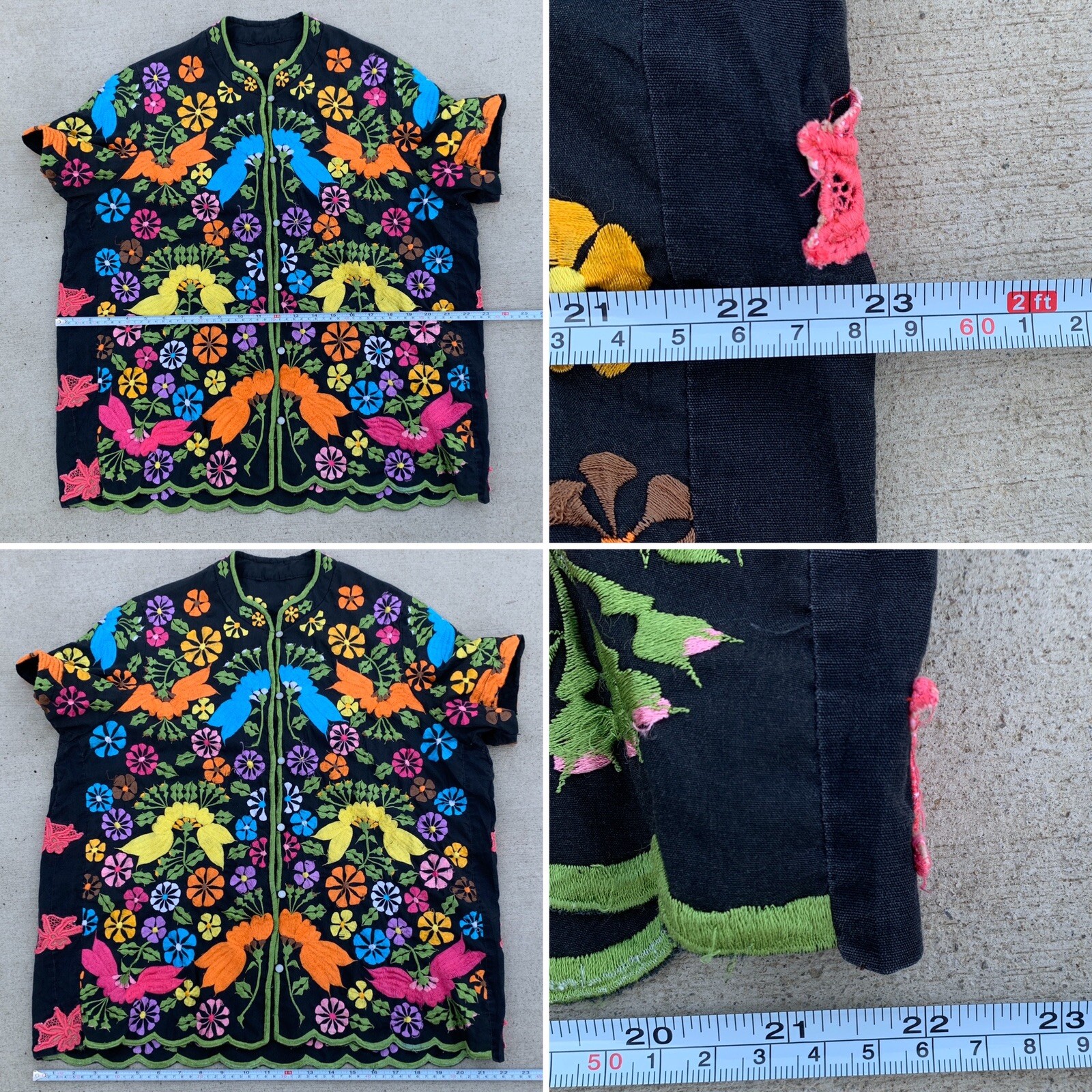 Vintage Embroidered Blouse Top Short Sleeve Mandarin Collar All Over Embroidery