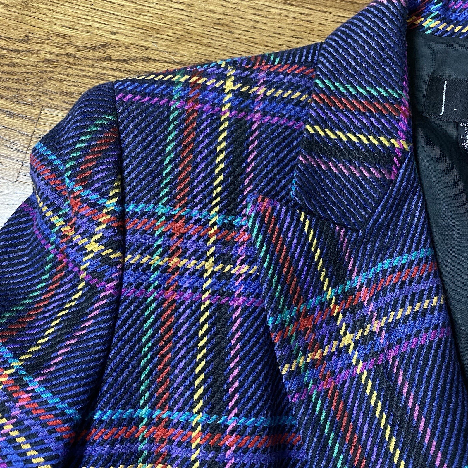 Vintage JBH Double Breasted Blazer Women XS Multicolor Plaid Silk Blend Academia