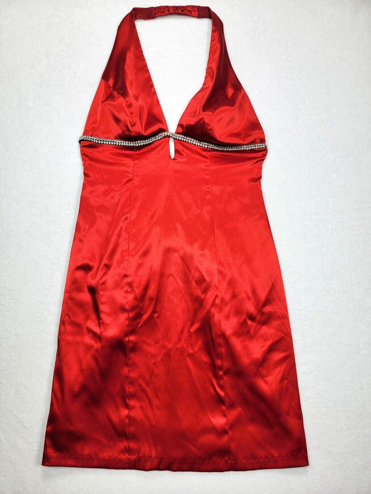 B Darlin 90s Y2K Dress Womens 9 Red Halter Sheath Open Back Diamonds Made In USA