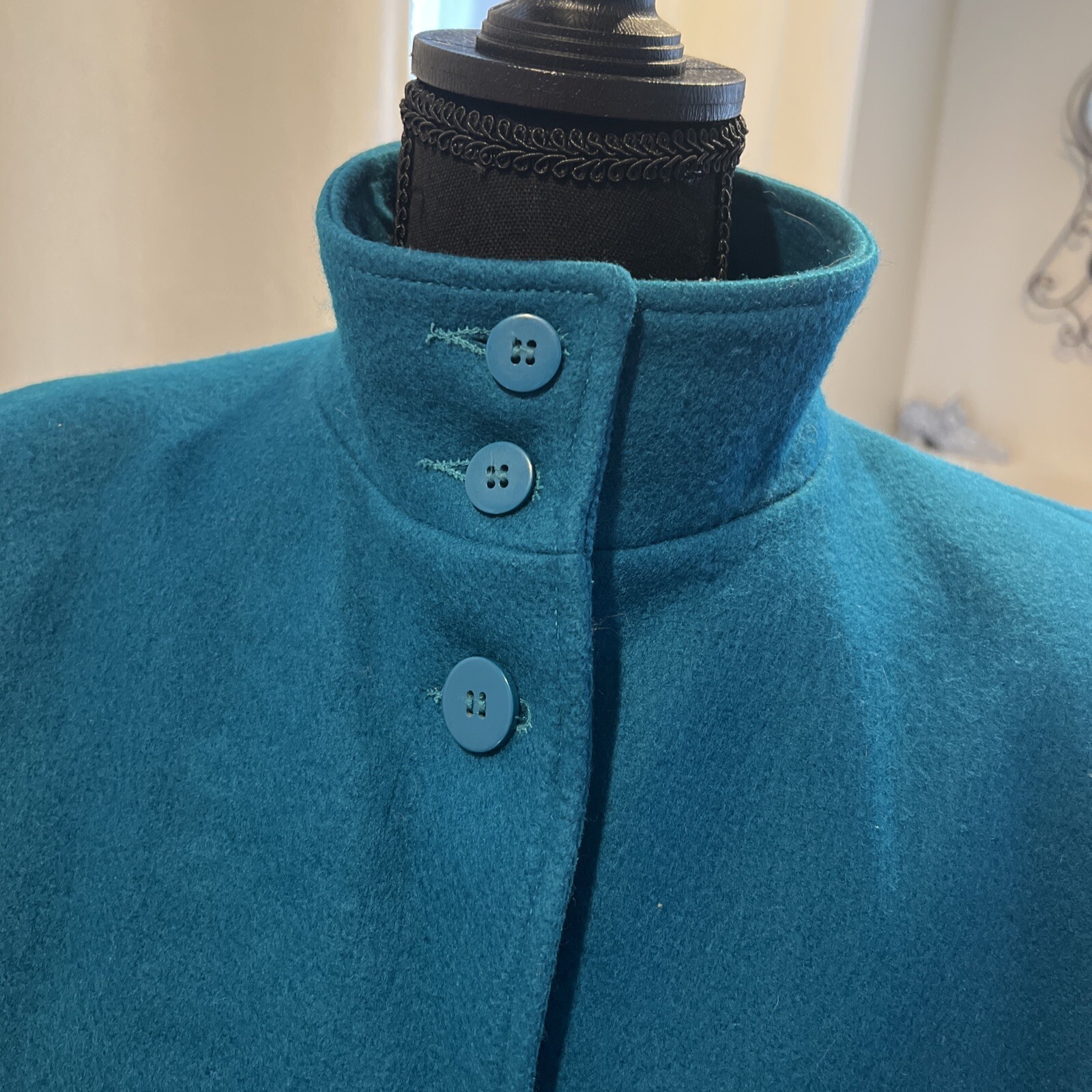 Vintage Learsi Turquoise 100% New Wool Coat Fully Lined Size 9 Beautiful