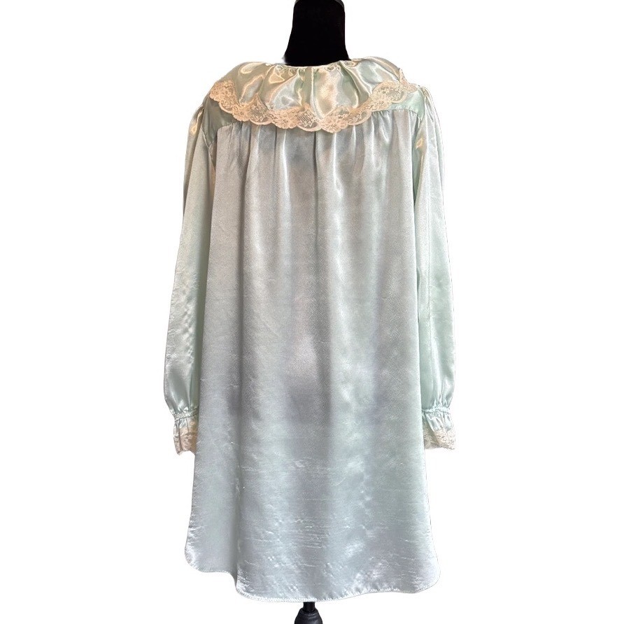 Vintage 80s Sabrina by Mervyn’s Mint Green Satin Lace Ruffle Nightgown Coquette