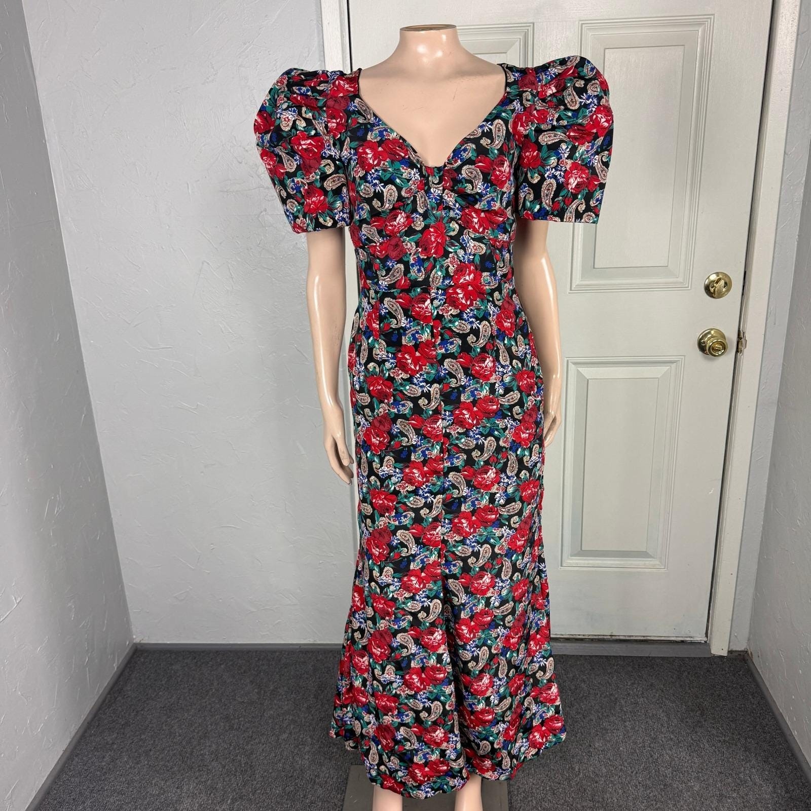 Vintage 80s 90’s Womens Dress Puff Sleeve Party Formal Floral Evening Paisley P4