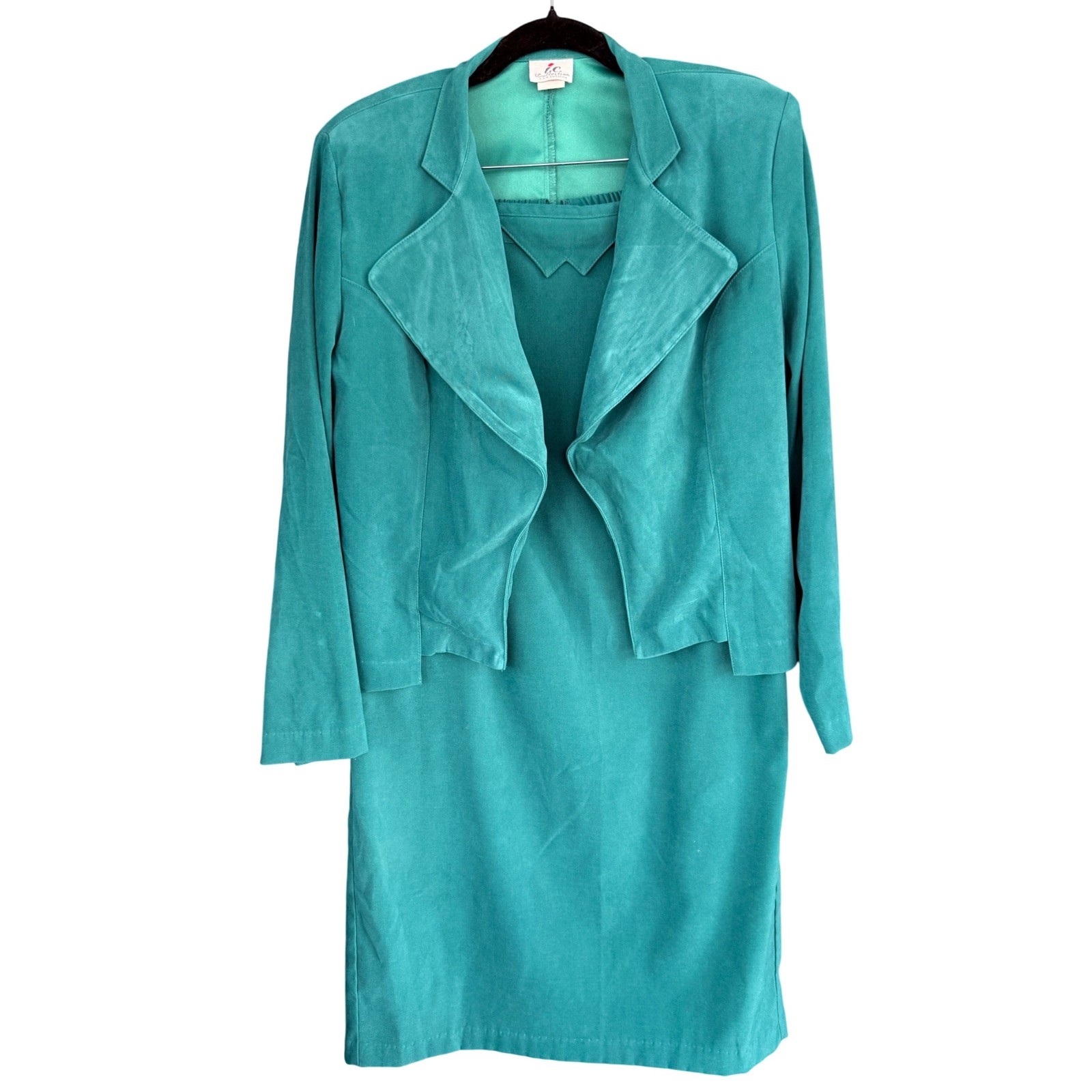A5 I.C. Collection Skirt Suit Teal Green Old Money Jacket Midi 1990s Vintage Set