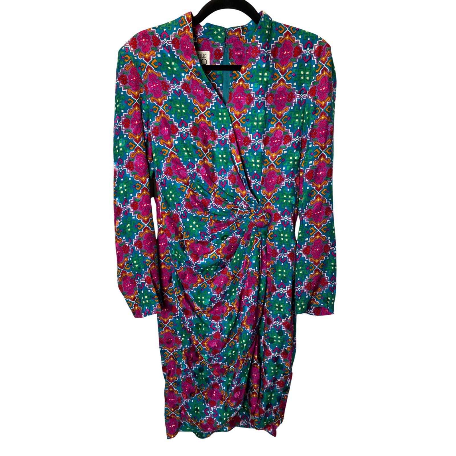 Joan Leslie Studio 100% Silk Wrap Dress Womens 10 Geometric Retro Vintage 80s