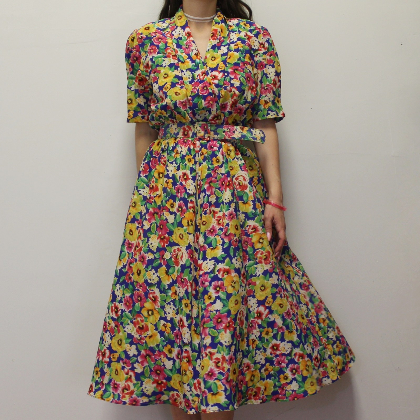 Vintage 80s Floral Midi Dress with Belt by Liz Roberts