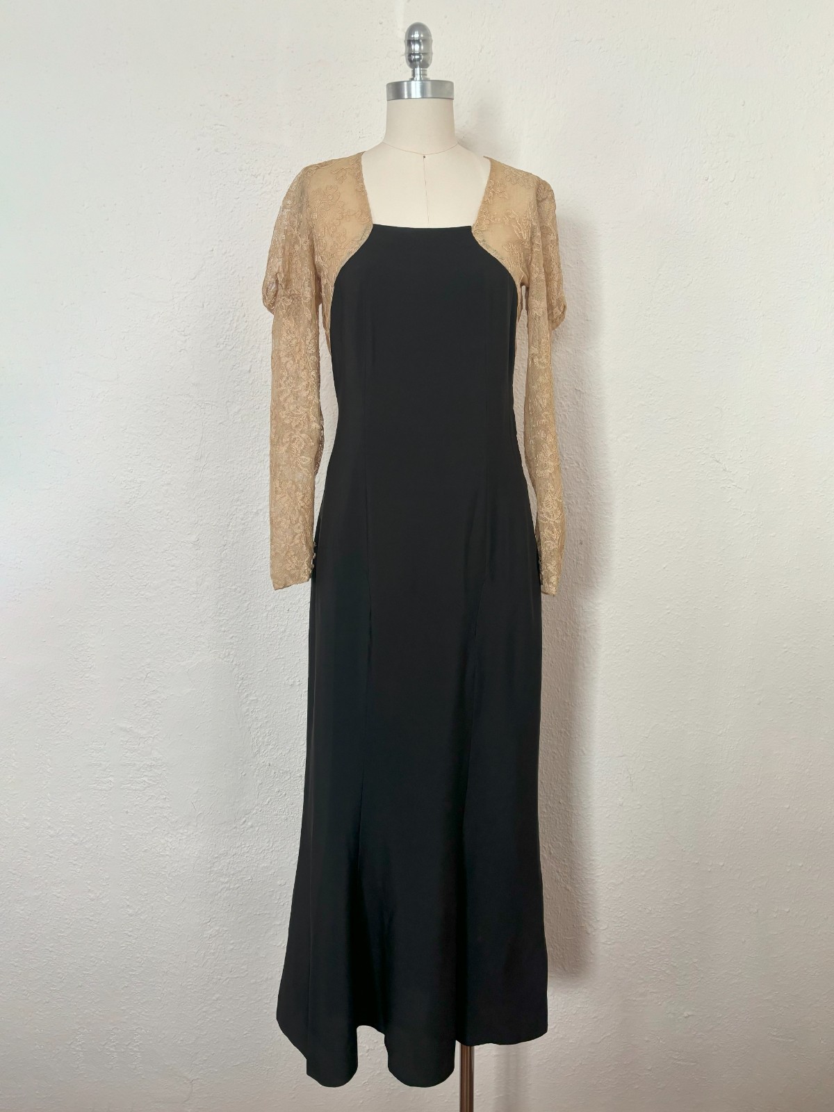 1930s Cream and Black Juliet Sleeve Sheer Back Dress, Extra Small to Small