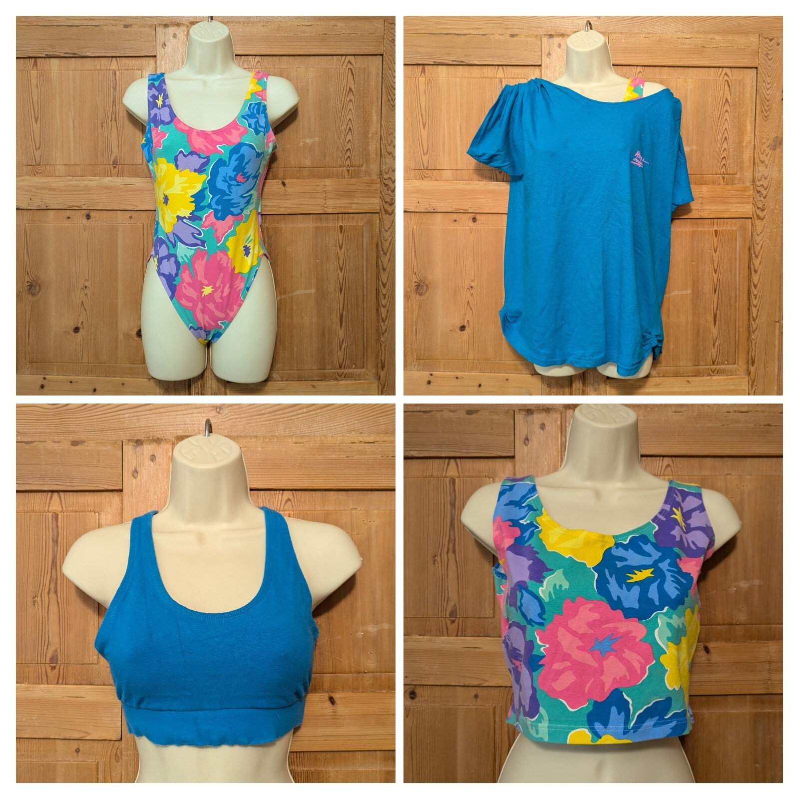 Set of 4 VTG 80s Athleisure – Floral Bodysuit Leotard Bra Crop Top Color Dance
