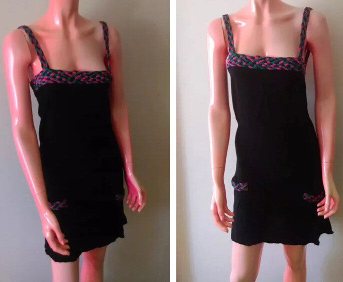 FRANKIE Sleeveless Slim Black Pink Green Chunky Knit Trim Dress Size S good cond