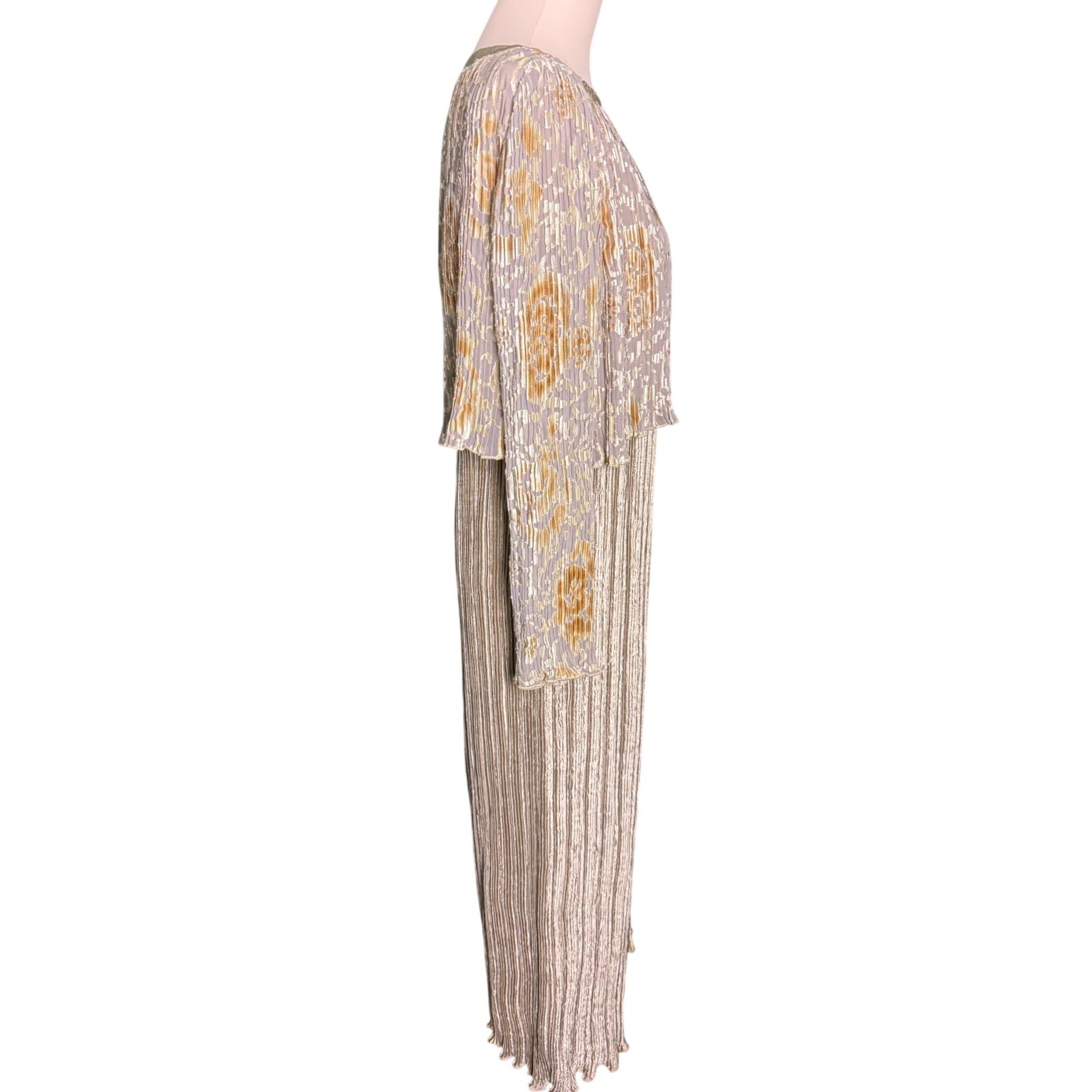 Jeanne Marc Vintage champagne Gold Burnout Micro Pleated Maxi Dress Size S 8/10