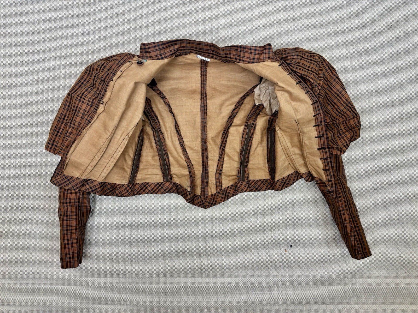 Antique Victorian 1890 Jacket Bodice Leg of Mutton Sleeve Brown Black Plaid Silk