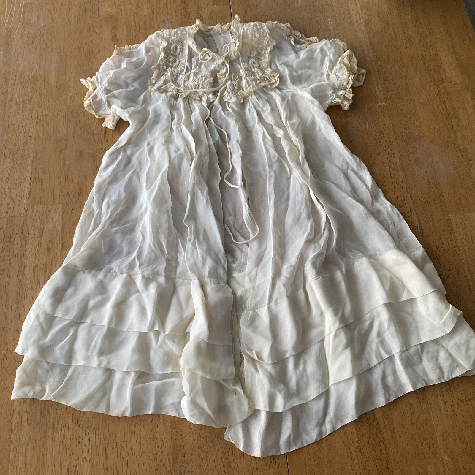 vintage Antique? child’s sheer w lace w ruffles ROBE front tie Peekaboo Sleeves