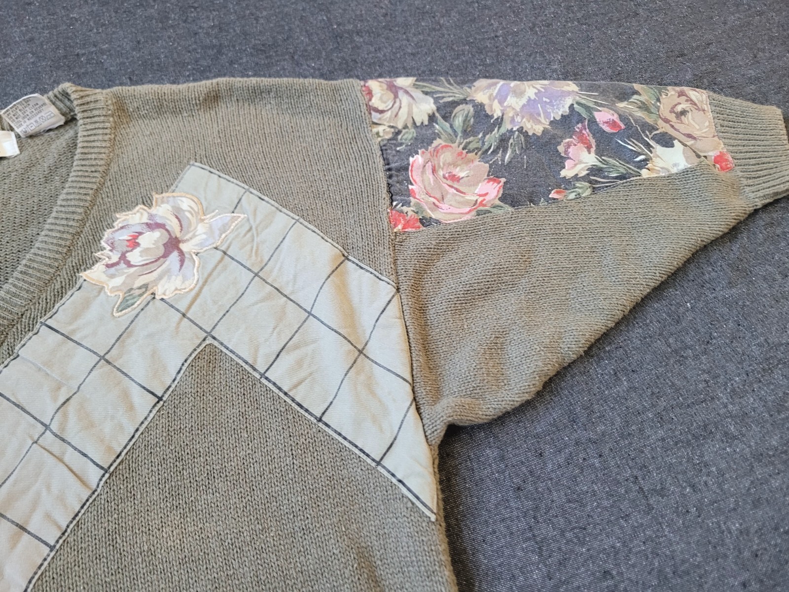 Vintage 80s 90s Batwing Applique Floral Sweater Cotton Ramie Neutral Size Large