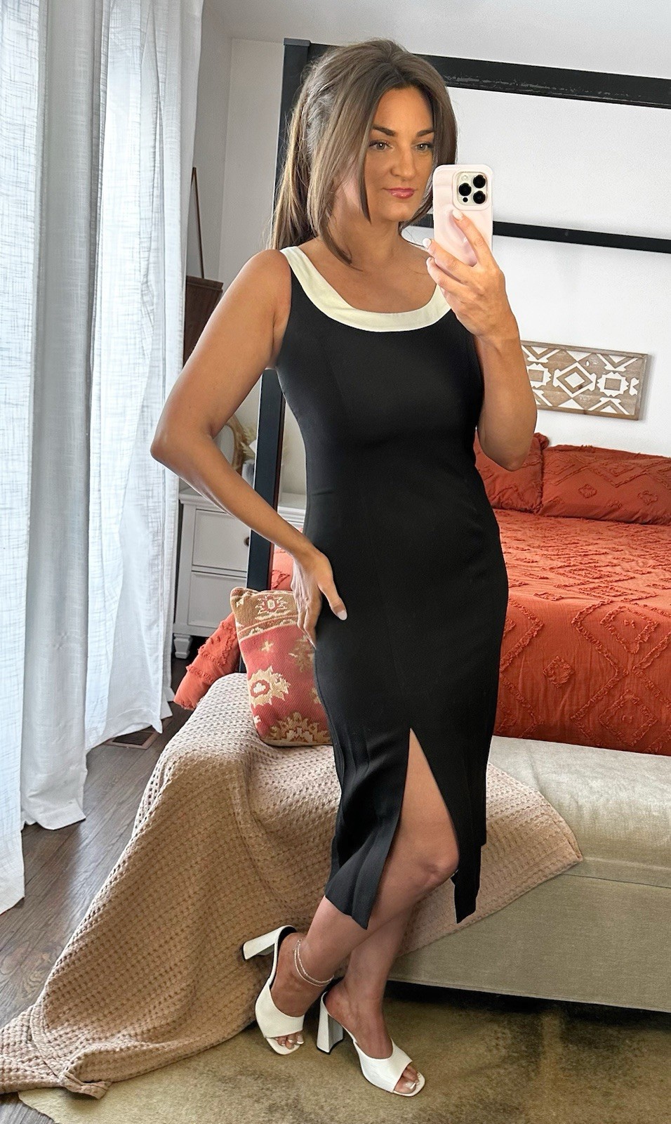 Vintage Virgo II Size 8 Black White Contrasting Trim Midi Dress Slit