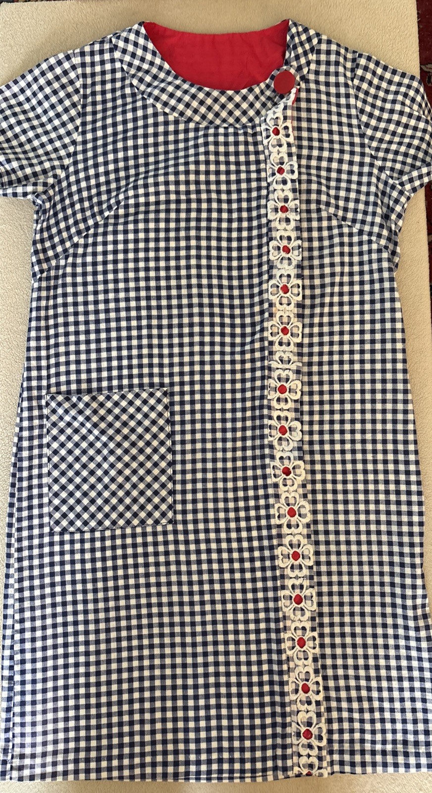 1960’s Navy Blue Gingham Zip-Up Shift Dress w/Embroidered Daisies & Red Accents