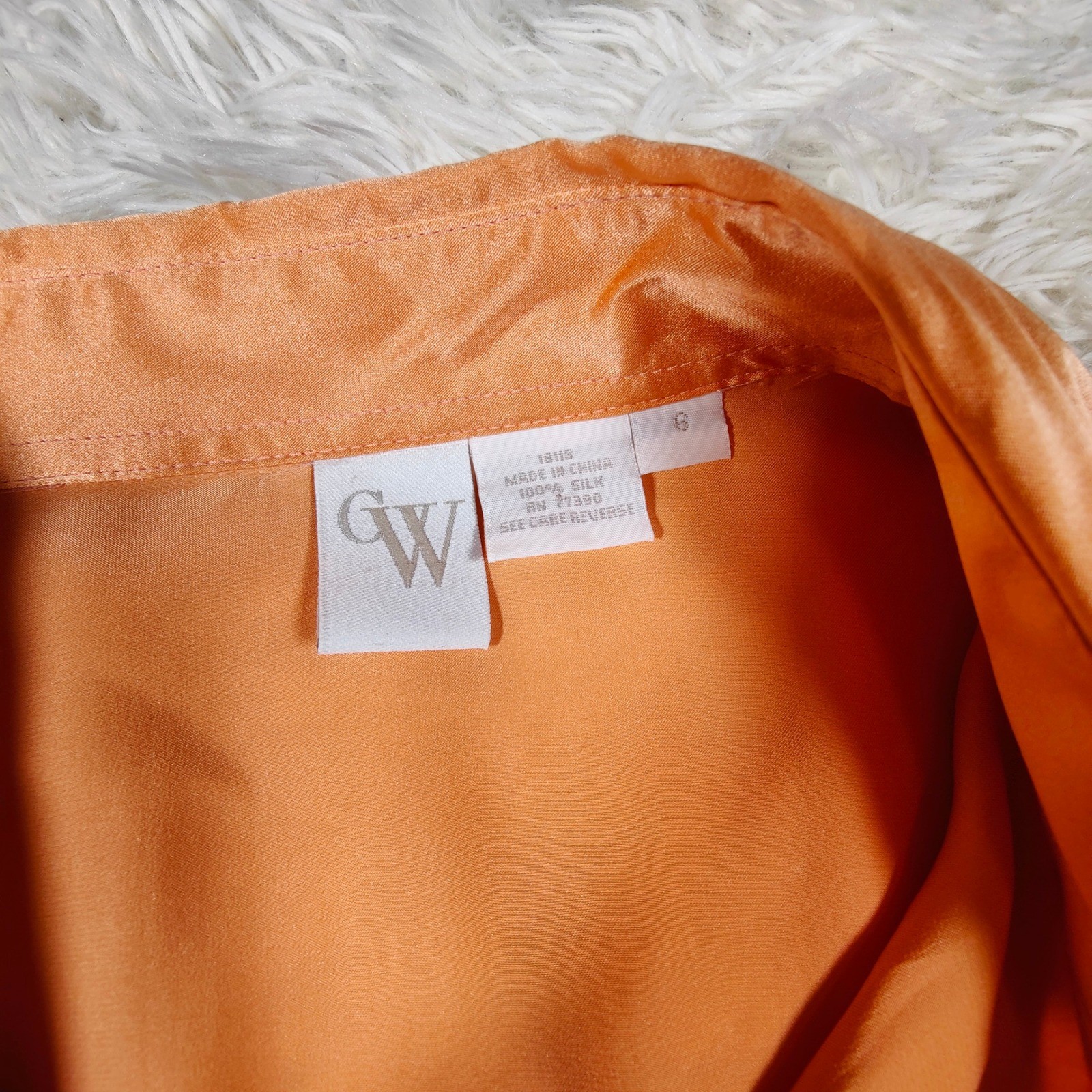 Vintage 90s 100% Silk Satin Button Down Blouse Pink Orange Tailored Womens 6