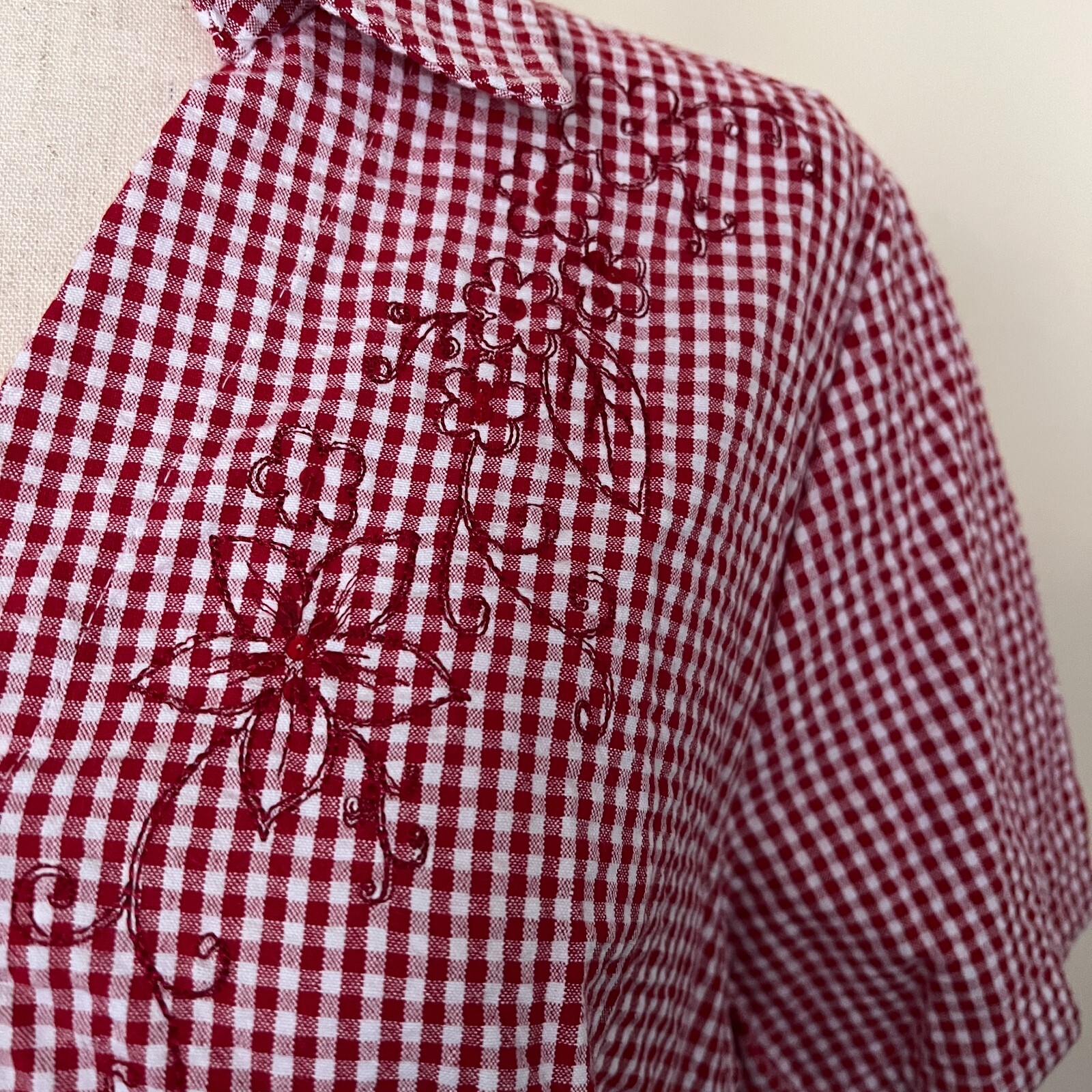 Classic Elements Vintage Red Seersucker Gingham Button Down Top sz M Deadstock