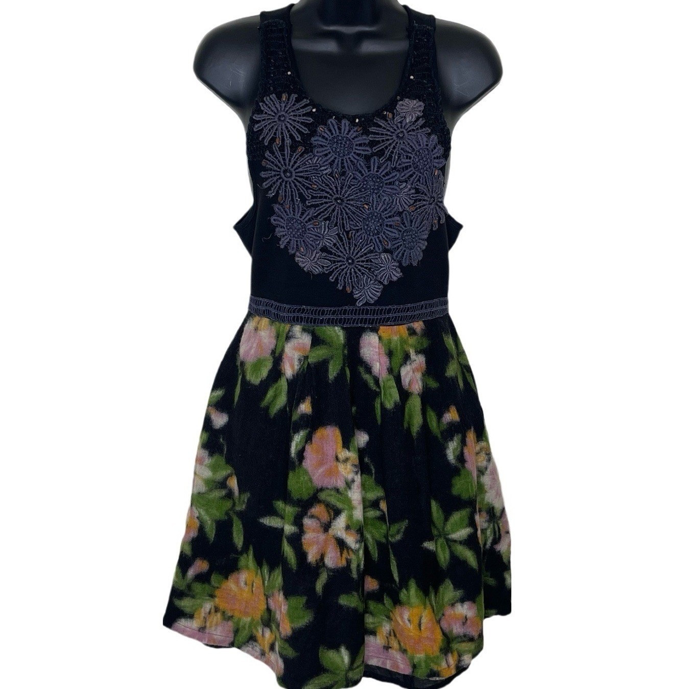 Vtg FREE PEOPLE Black Dark Floral Wool Fit Flare Dress Y2K Twee Boho Chic Sz L