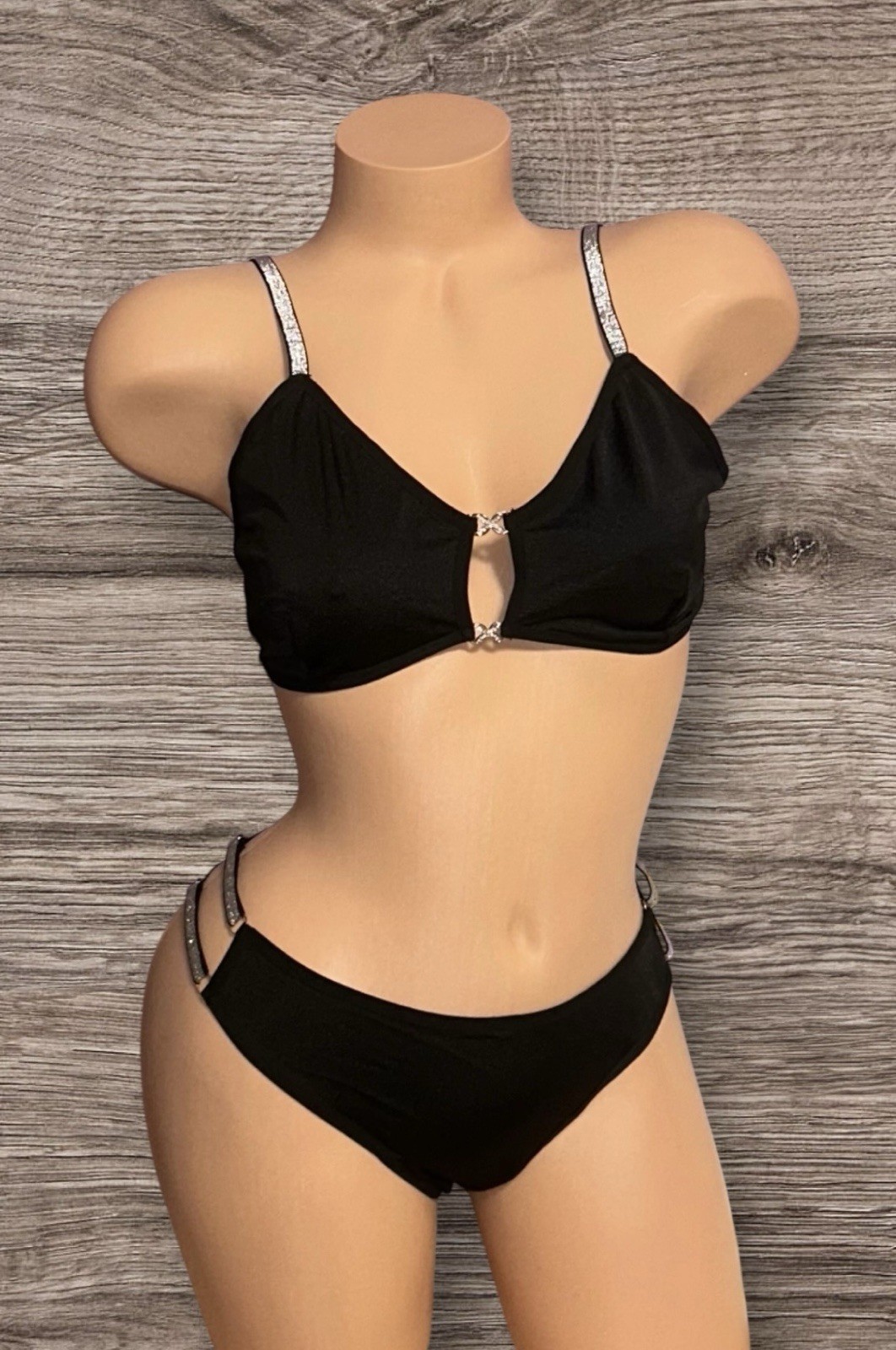 2PC AVIDLOVE Black Shiny Satin Silver Trim Bra & String Bikini Panties L NWT
