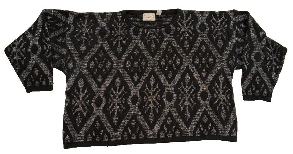 Vtg 80s Original Venezia Sportswear Women’s Geometric Black Silver Sweater 22-24