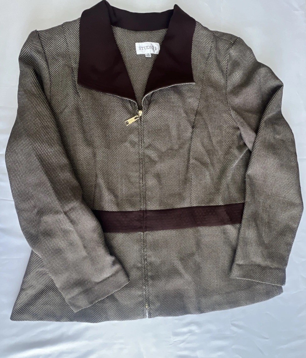 Vtg Studio I Brown Jacket Women’s Plus Sz 18 Zip Front Collared Textured Blazer