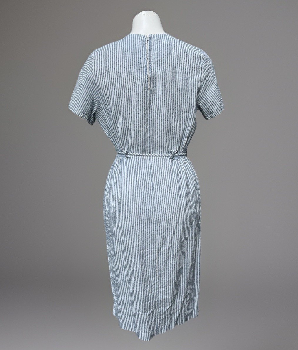 VTG Sears Dress Blue White Seersucker Belt Loops Short Sleeve Knee Length Med/L