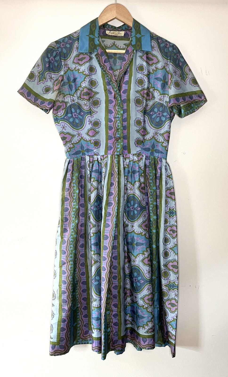 Vintage 1960s Shirtwaist Dress Purple Green Blue Silk? Union 28″ W **AS IS**