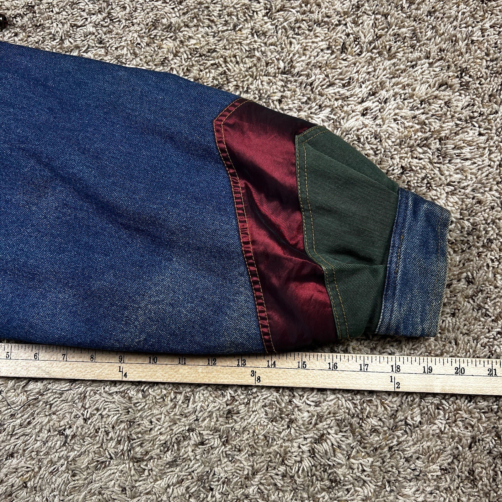 Vintage 90s Two Twenty Women’s Blue Denim Patchwork Winter Lined Jacket XL Long
