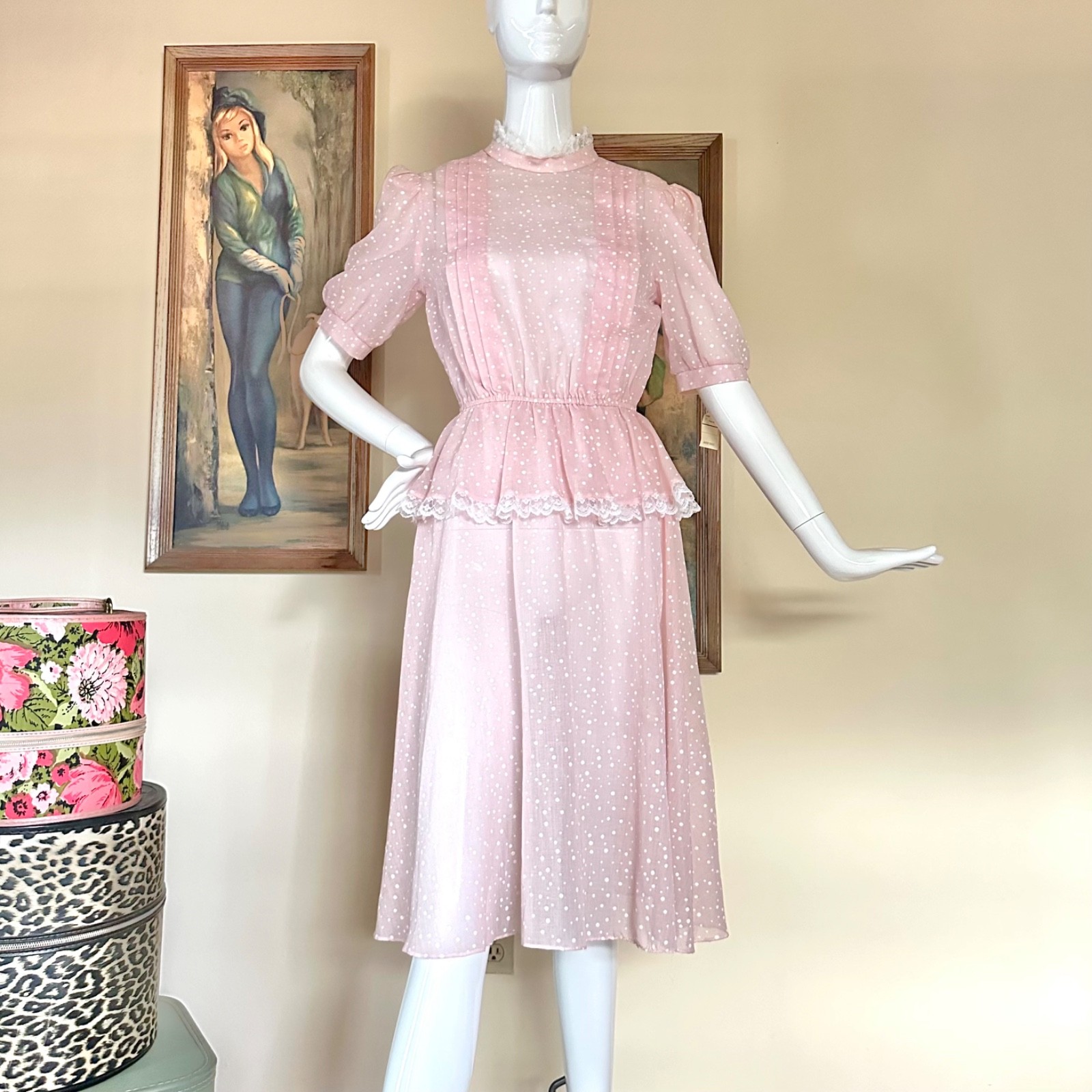 Vintage 1980s New Wave Valley Girl Pastel Pink Polka-dot Peplum Dress S/M