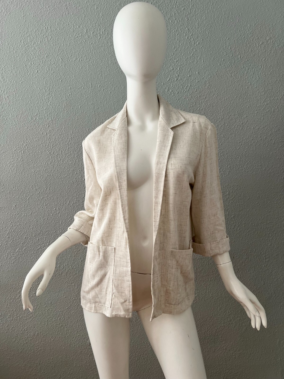 Vintage 70s Light Beige Oversized Thin Casual 3/4 Sleeve Open Blazer Jacket S