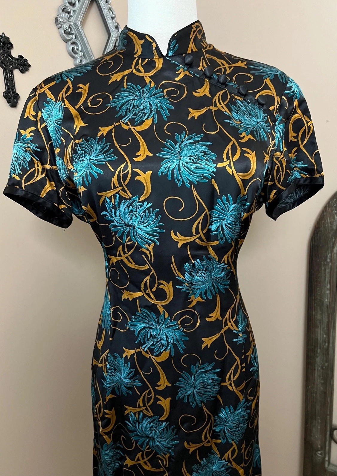 Vintage 90s Black Floral Satin Cheongsam Dress Whimsigoth Gothic Size 10 Med
