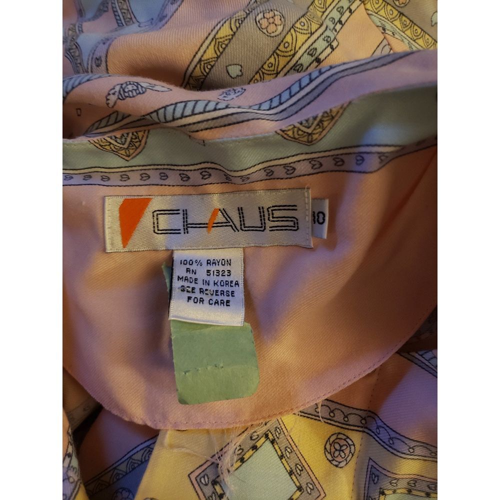 80s Pink, Blue and Yellow Rayon Button Down Blouse