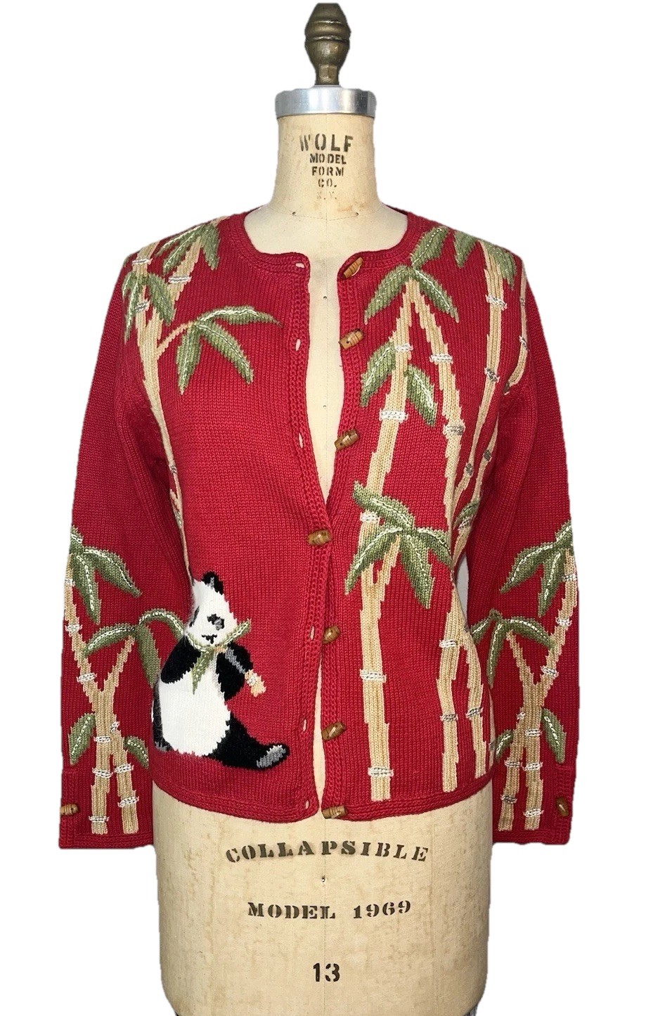 Northern Isles Vintage red Panda Bears Bamboo button front cardigan Knit Sweater