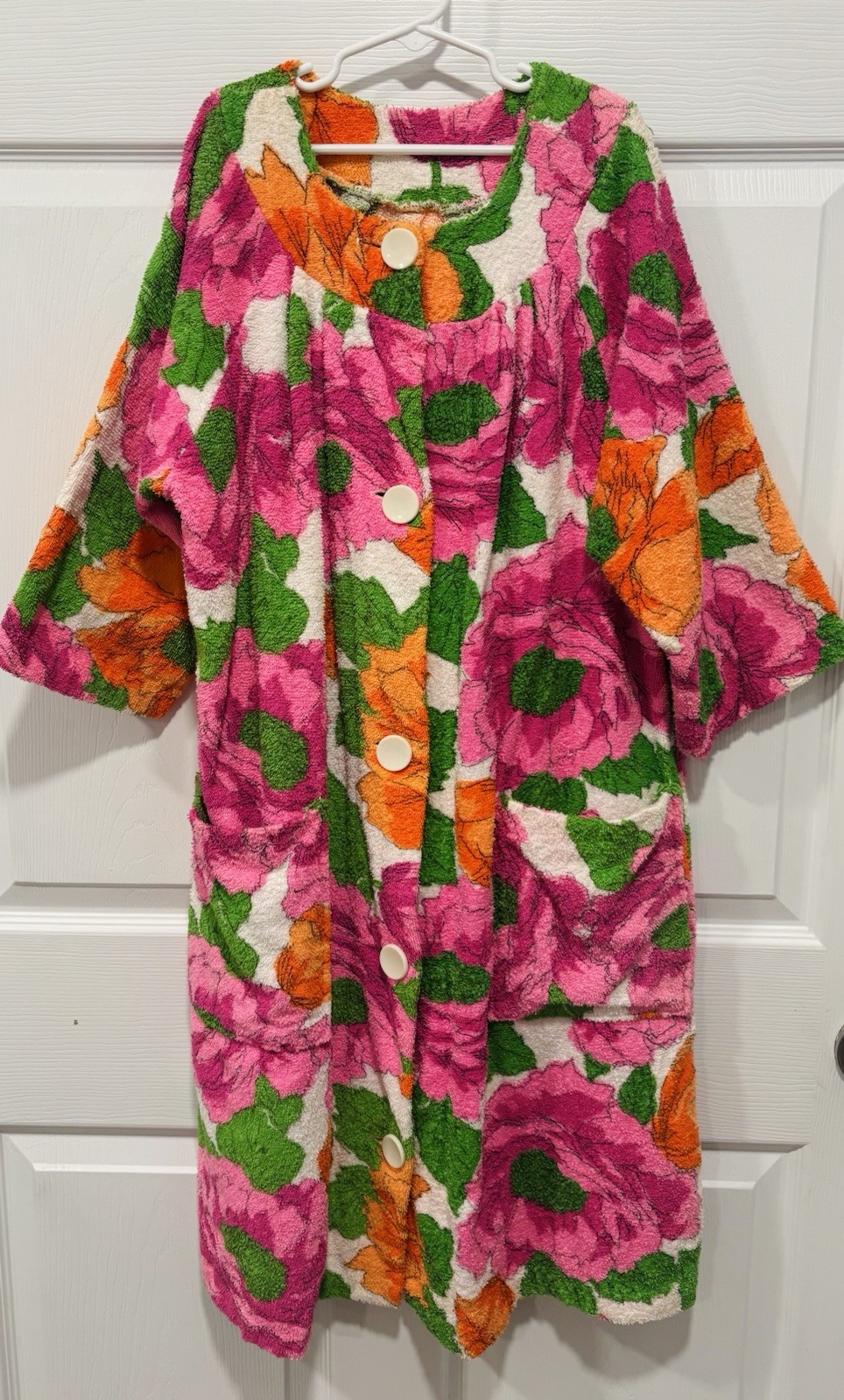 Vintage Floral Terry Cloth Button-Front Robe Housecoat Pink Orange Green MuuMuu