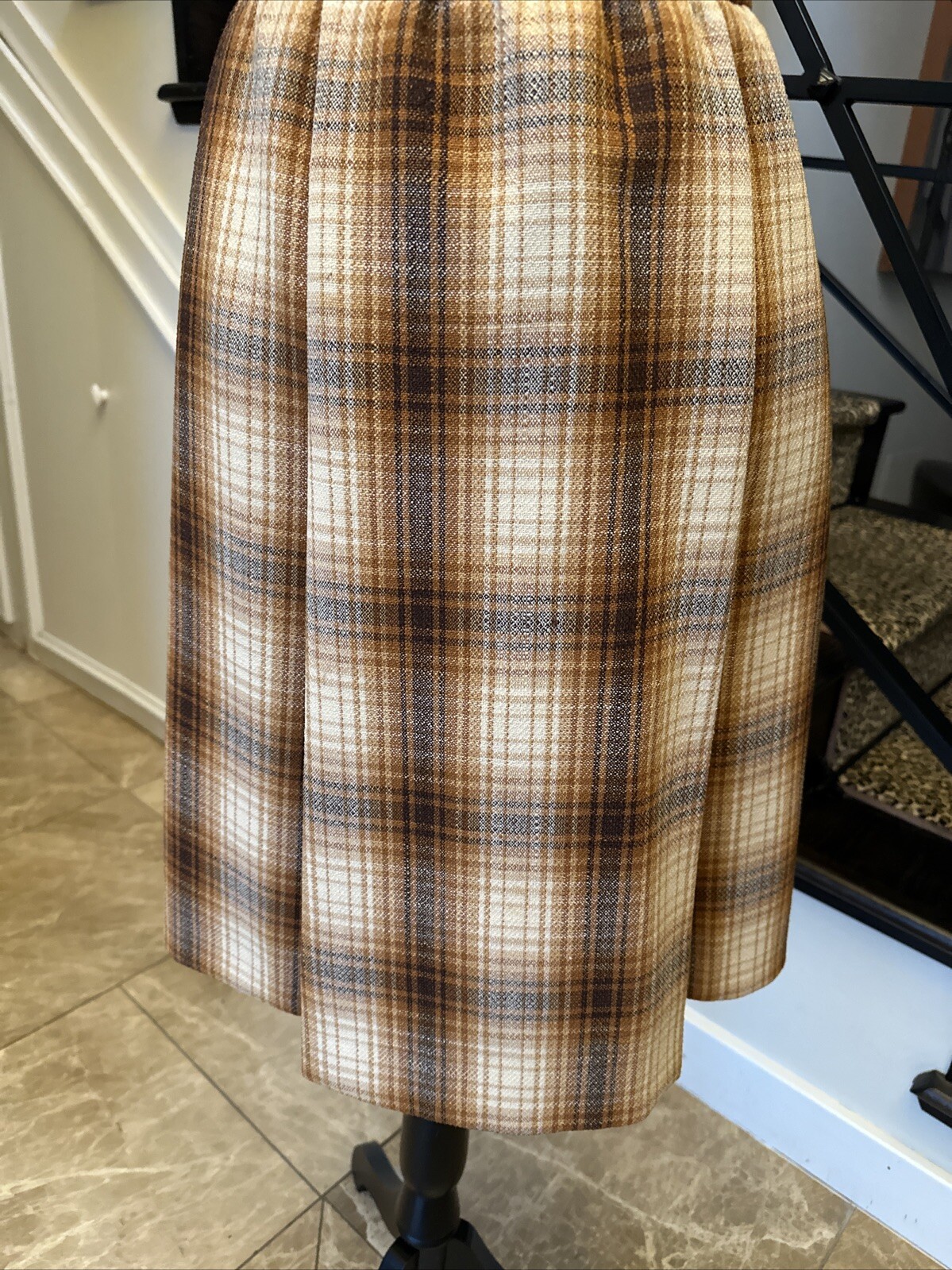 Jacques Tiffeau 60s Brown Tones Wool Blanket Plaid Coat & Pleated Skirt Set S