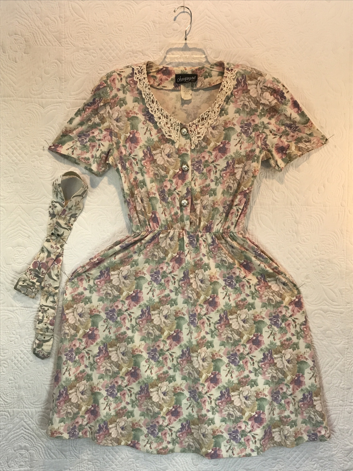 Vintage Champagne West Grannycore pearl button lace floral dress sz 12