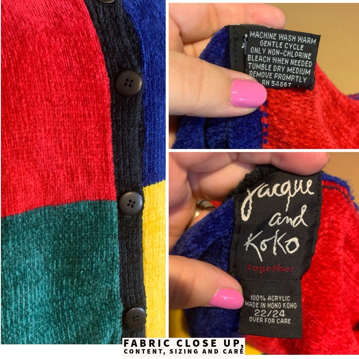 VINTAGE CIRCA 1990’S JACQUE AND KOKO BLACK W/MULTI COLOR CARDIGAN SIZE 22/24