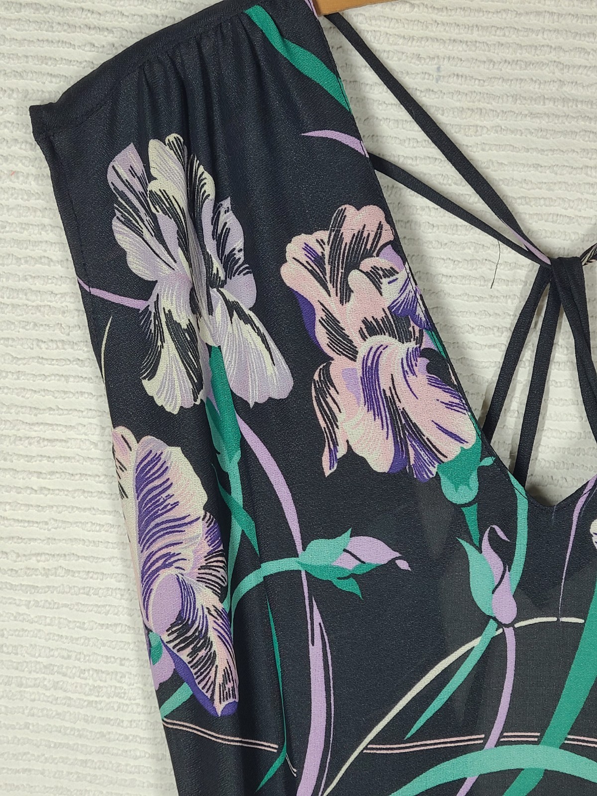 1970s Black Iris Dress Strappy Back Disco Rayon Crepe Malibu Media Vintage Rare