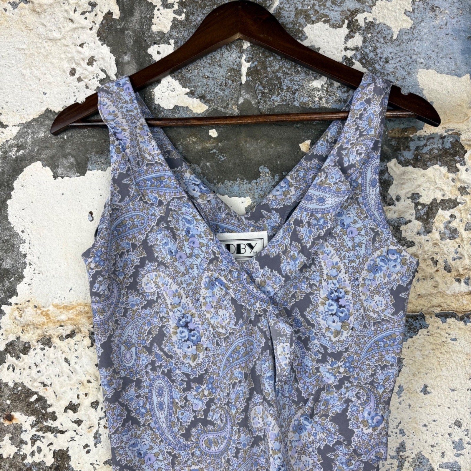 Vintage 90s DBY Blue Paisley Floral V-Neck Asymmetrical Ruffle Midi Dress Sz 7/8