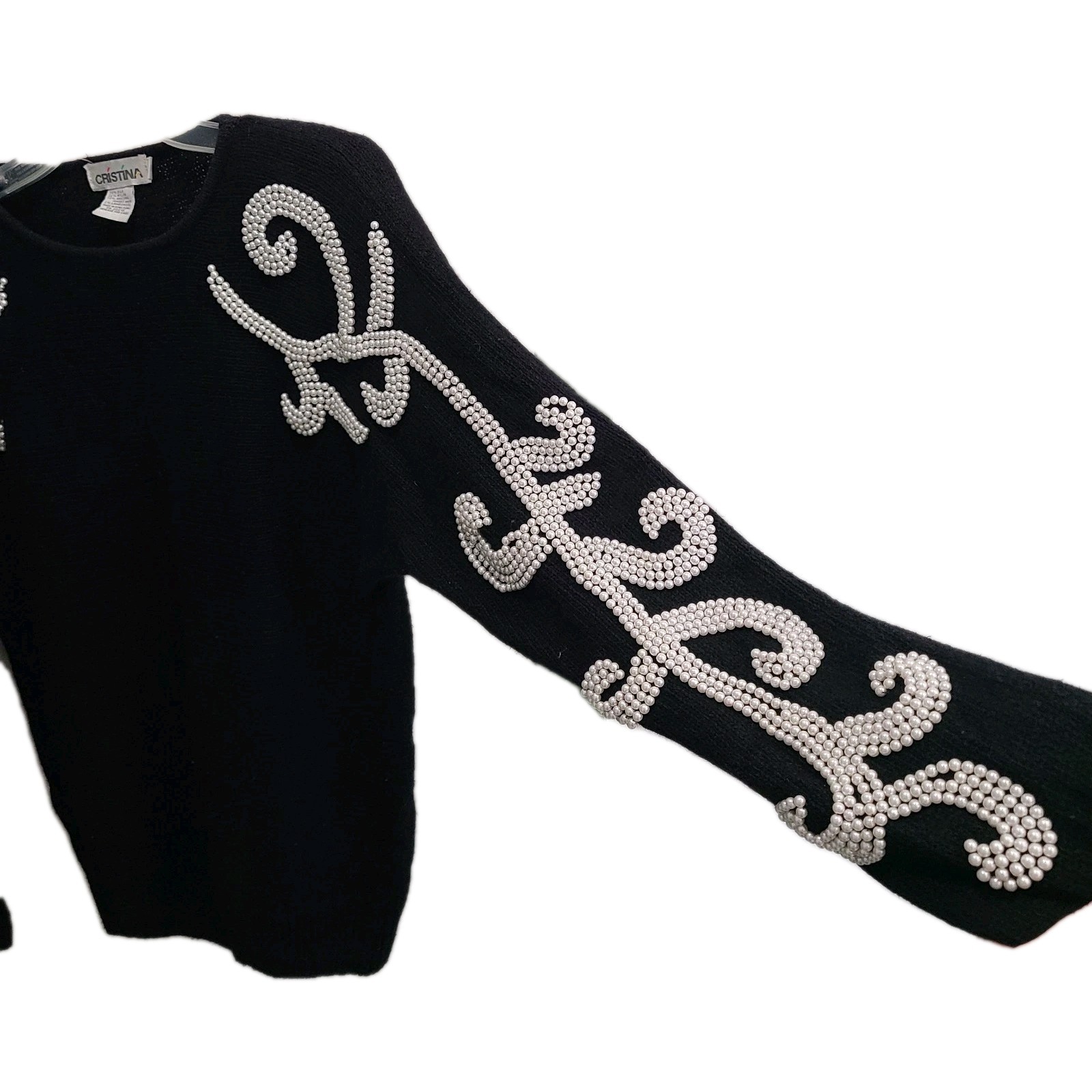 Vtg Cristina Womens Sz M Black Sweater Silk Angora Pearl Beaded Chic Cozy Unique
