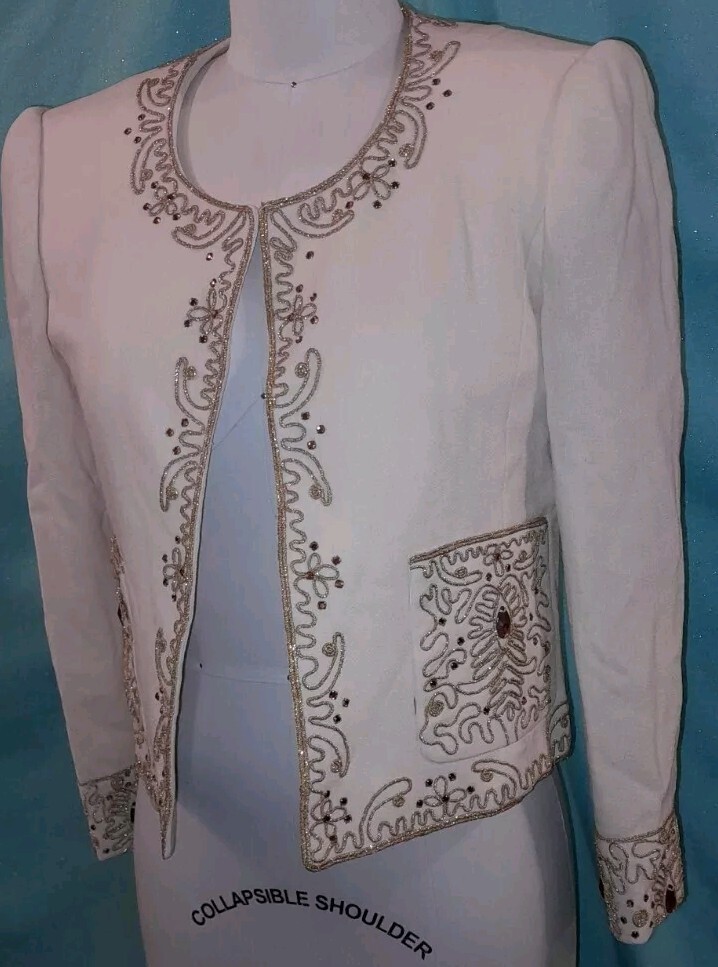 Vtg 1970s 80s DAVID HAYES Ivory Gold Metallic Beaded Evening Cocktail Jacket S
